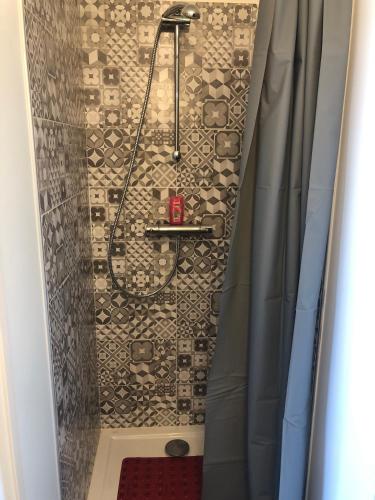 une douche avec un rideau de douche dans une salle de bain dans l'établissement Grande chambre 14 m2 avec salle de bain privative à Nanterre Préfecture proche La Défense Aréna Campus SNCF et Paris, à Nanterre
