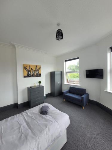 a bedroom with a bed and a couch and a television at The Goldmine Rooms in Hale