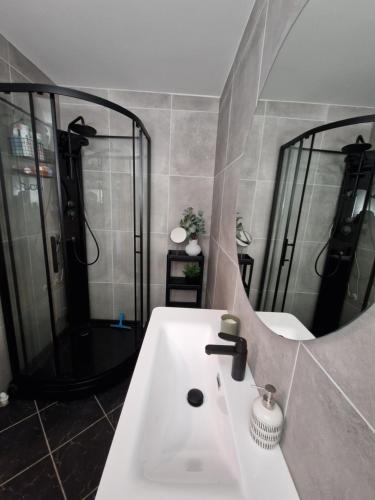 a bathroom with a sink and a large mirror at Large apartment - Perfect for Aqua Nor in Trondheim