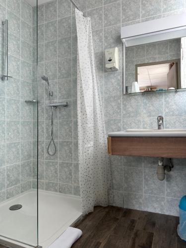 ein Bad mit einer Dusche und einem Waschbecken in der Unterkunft Hotel Edelweiss in Auron