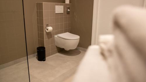 a bathroom with a toilet and a glass shower stall at Schaluinenhoeve in Baarle-Nassau