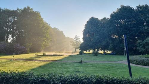a grassy field with trees in the background at Schaluinenhoeve in Baarle-Nassau