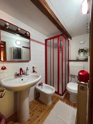 a bathroom with a sink and a toilet and a mirror at Appartamento Lo Bou in Valsavarenche