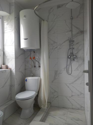 a white bathroom with a toilet and a shower at Садиба "Віталія" in Volovets