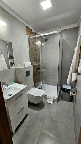 a bathroom with a shower and a toilet and a sink at Hotel Sypniewo in Margonin