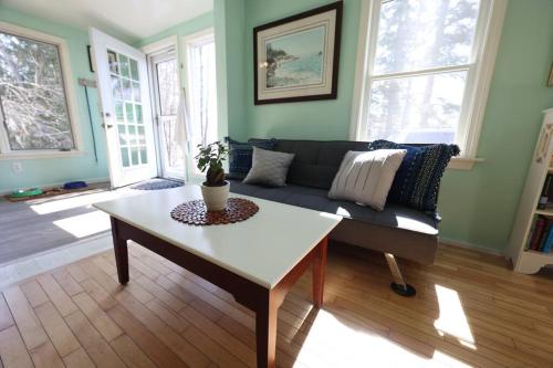 a living room with a couch and a coffee table at Little House by the Brook in Fort Fairfield