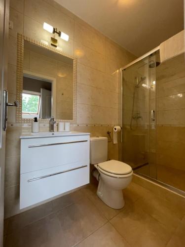 a bathroom with a toilet and a sink and a shower at Károlyi Panzió in Eger