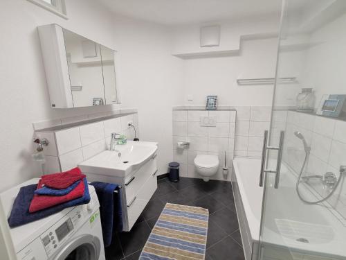 uma casa de banho com um lavatório, um WC e um chuveiro em Ferienwohnung Pinovas em Friedrichshafen