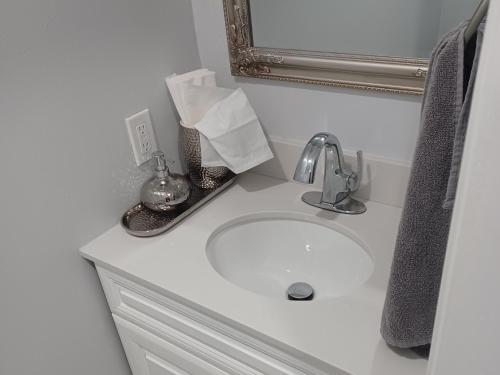 a bathroom counter with a sink and a mirror at Ajax Holiday in Ajax