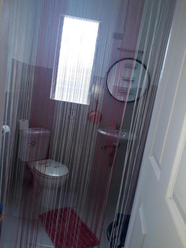 ein Bad mit Dusche, WC und Fenster in der Unterkunft Michelle's apartment Alcoy in Alcoy