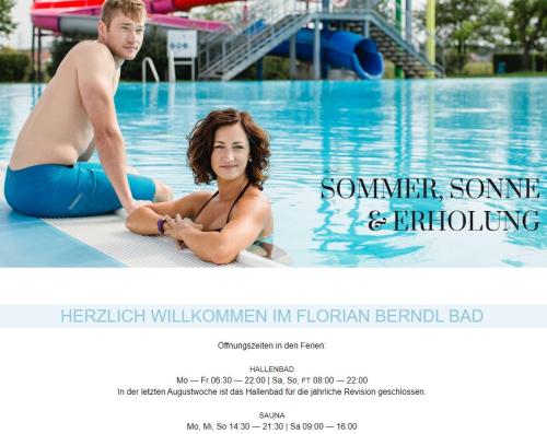 een flyer voor een zwembad met een man en een vrouw in het water bij Michlfarm Lounge in Korneuburg