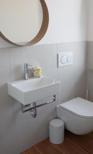 a white bathroom with a sink and a toilet at Garden Villa in Štanjel