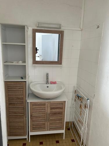une salle de bain avec un lavabo et un miroir dans l'établissement La plaisance 1, à Notre-Dame-de-Monts