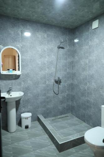 a bathroom with a shower and a toilet and a sink at h’Olarooms N3 in Tʼianetʼi