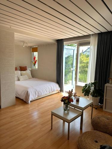 a large room with a bed and a table at Zuidwest Zeven free parking! in Zandvoort