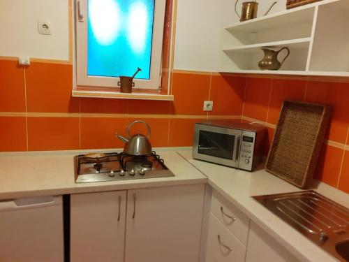 a kitchen with a stove and a microwave at Apartman Zdenka Marija in Varaždin