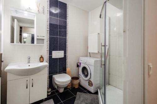 ein Badezimmer mit einem Waschbecken und einer Waschmaschine in der Unterkunft Luxury Radox Apartment Airport Bucharest 2 in Otopeni