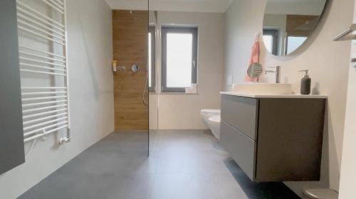 La salle de bains est pourvue de toilettes, d'un lavabo et d'une douche. dans l'établissement Garden Villa, à Štanjel
