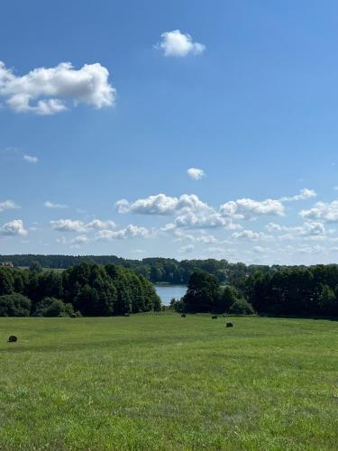 a field of grass with a lake in the background at Lake House Borowe in Borowe