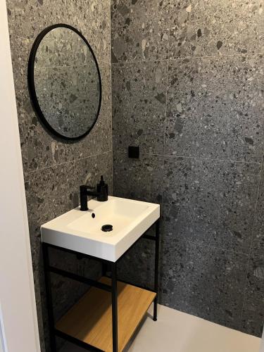 a bathroom with a sink and a mirror at Lake House Borowe in Borowe