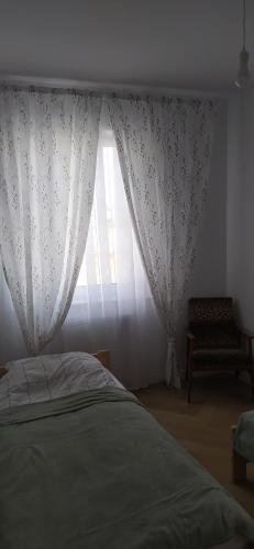 Schlafzimmer mit einem Bett und einem Fenster mit Vorhängen in der Unterkunft Apartament Kopernika in Nowe Miasto Lubawskie