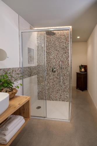 a bathroom with a shower with a glass door at Relais Barchessa Molon in Campo di Pietra