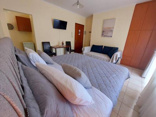 sypialnia z łóżkiem z poduszkami i kanapą w obiekcie Eleni's Apartments Igoumenitsa - Γκαρσονιέρα 2ου ορόφου επιπλωμένη, εξοπλισμένη w mieście Igoumenitsa
