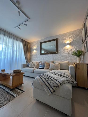 een woonkamer met een bank en een tv aan de muur bij Cannes Villa Francia in Cannes
