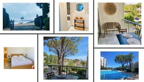 un collage de photos de maisons et d'une piscine dans l'établissement Studio à Golfe Juan, terrace, piscine, près plages, à Vallauris