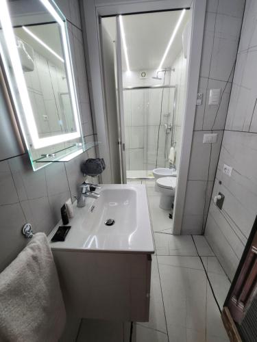 a bathroom with a sink and a toilet and a mirror at THE IMPERIAL SUITE e THE BRICKS in Rome
