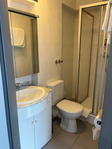 a bathroom with a toilet and a sink and a shower at Hotel-Cocco-Bello in der Villa Foret in Ludwigsburg