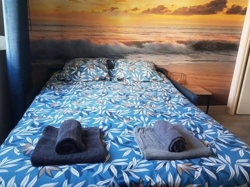 un lit avec des serviettes et un tableau de l'océan dans l'établissement bnbgônes - LE LOMBARDI - METRO GARIBALDI - WIFI, à Lyon