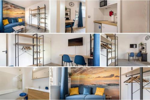 un collage de photos d'une cuisine et d'un salon dans l'établissement bnbgônes - LE LOMBARDI - METRO GARIBALDI - WIFI, à Lyon