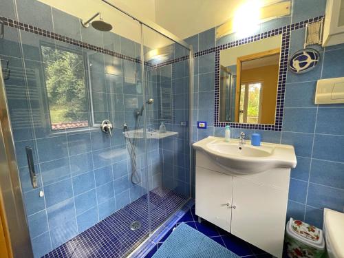ein blau gefliestes Bad mit einem Waschbecken und einer Dusche in der Unterkunft Camera con ingresso indipendente in Ogliastro Cilento