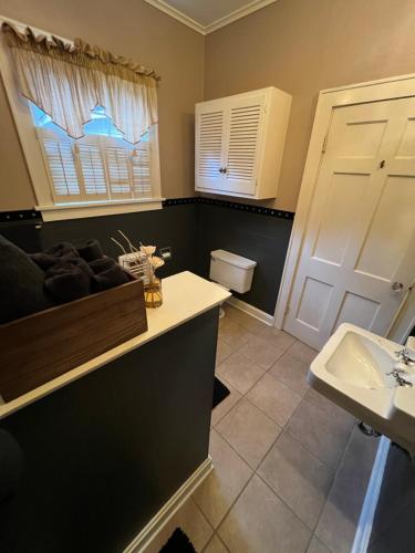 a bathroom with a sink and a toilet and a mirror at Opus House Historic Natchitoches in Natchitoches