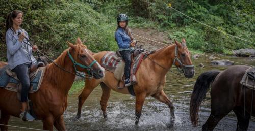 two people are riding horses through a river at WOW!! Ultimate Pocono Retreat, Hot Tub, Game Room, Deck, Lakes, Skiing, Pools in Long Pond