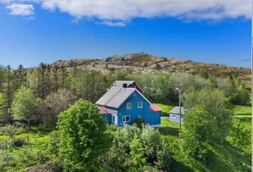 ein blaues Haus mitten auf einem Feld in der Unterkunft Paul's House in Saltstraumen