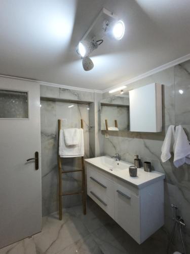 a bathroom with a sink and a shower at Evi's House in Kandia