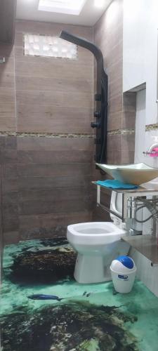 - une salle de bains avec des toilettes au rez-de-chaussée dans l'établissement Alojamiento La Familia, à Puerto Iguazú