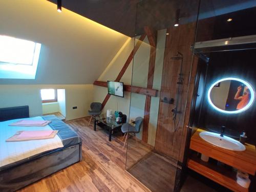 a bedroom with a bed and a shower and a sink at Apartament Eminescu 1 in Mediaş