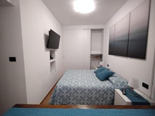 een kleine slaapkamer met een bed en een flatscreen-tv bij The Royal House - un passo dalla reggia /en-es-it in Venaria Reale