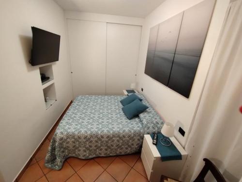 a small bedroom with a bed and a flat screen tv at The Royal House - un passo dalla reggia /en-es-it in Venaria Reale