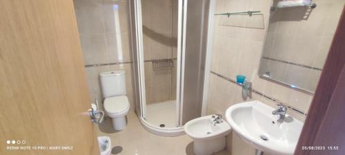 a bathroom with a shower and a toilet and a sink at Hotel Brisa del Mar in O Grove
