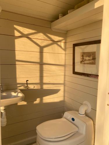 ein Badezimmer mit einem weißen WC und einem Waschbecken in der Unterkunft Brygghuset in Linköping