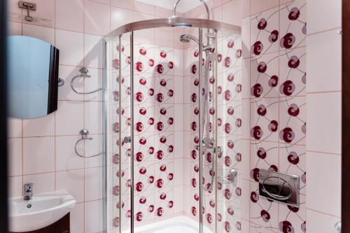 a bathroom with a shower with red ladybugs on the wall at Magurska Ostoja in Jasło