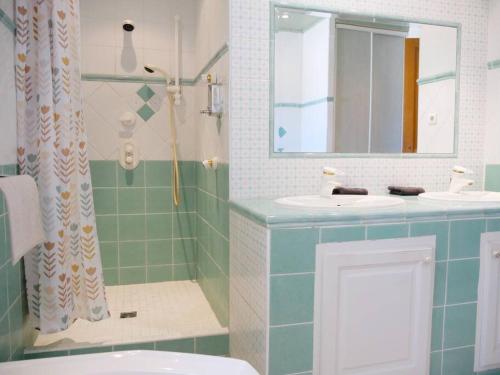 een badkamer met een wastafel, een spiegel en een douche bij Belle villa individuelle climatisée piscine in Monteux