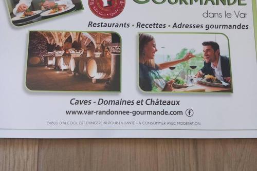a sign for a restaurant with two pictures of a meal at Grand Studio provençal, piscine vue magnifique in Carnoules