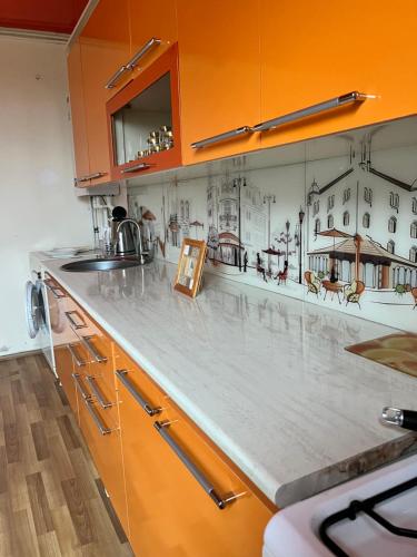 a kitchen with a counter top with a drawing on the wall at SHARDEN in Lori Berd