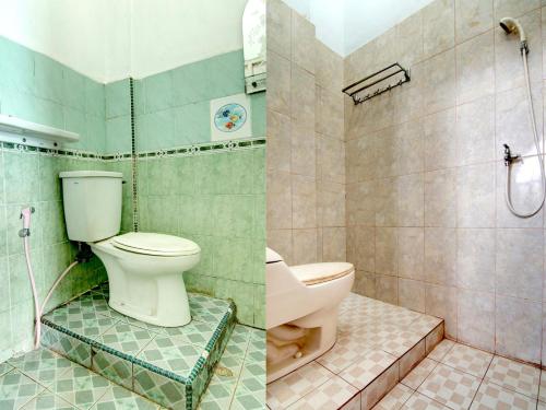 two pictures of a bathroom with a toilet and a shower at OYO 92872 Swakarya Guest House in Parit