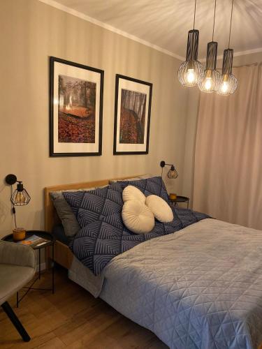 a bedroom with a bed and two pillows on it at Apartament Olecko Nad Jeziorem in Olecko